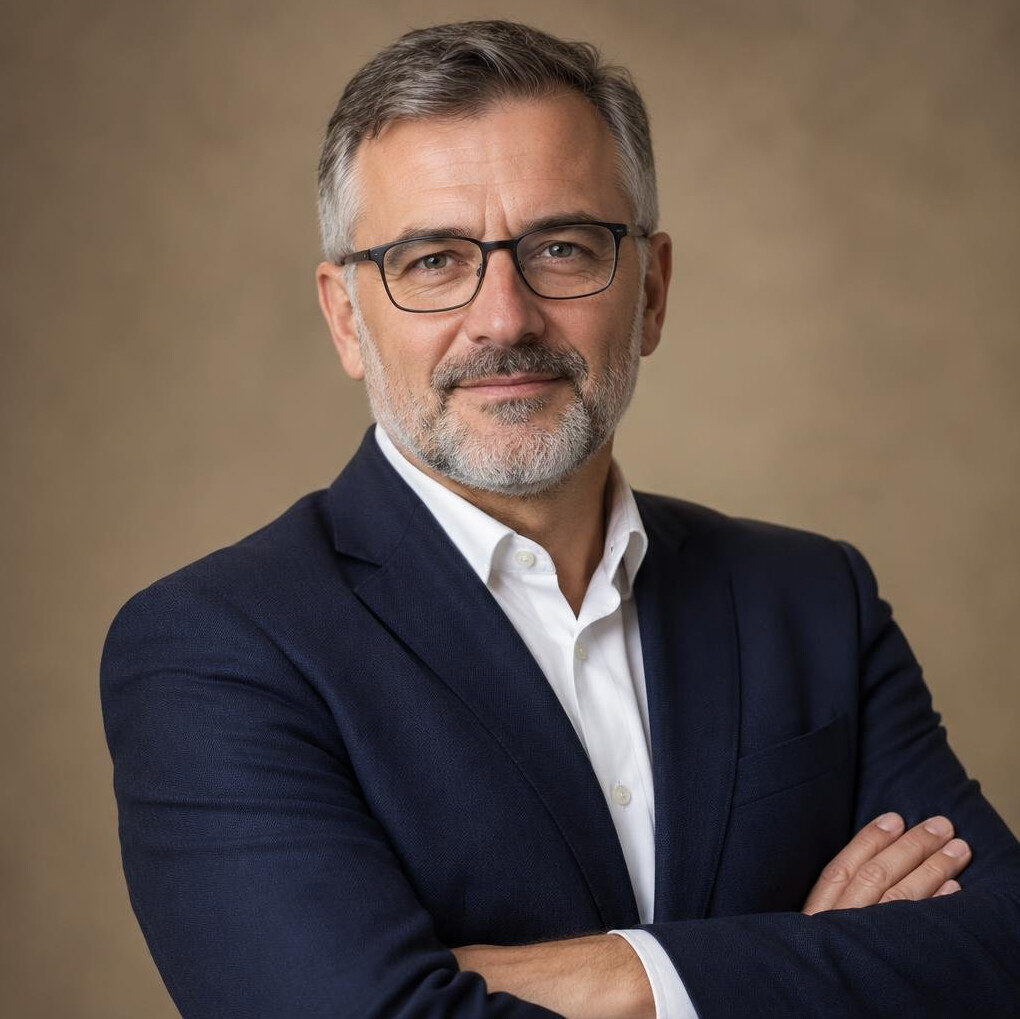 Studio portrait of a middle-aged Croatian male novelist with a short grey beard and glasses
