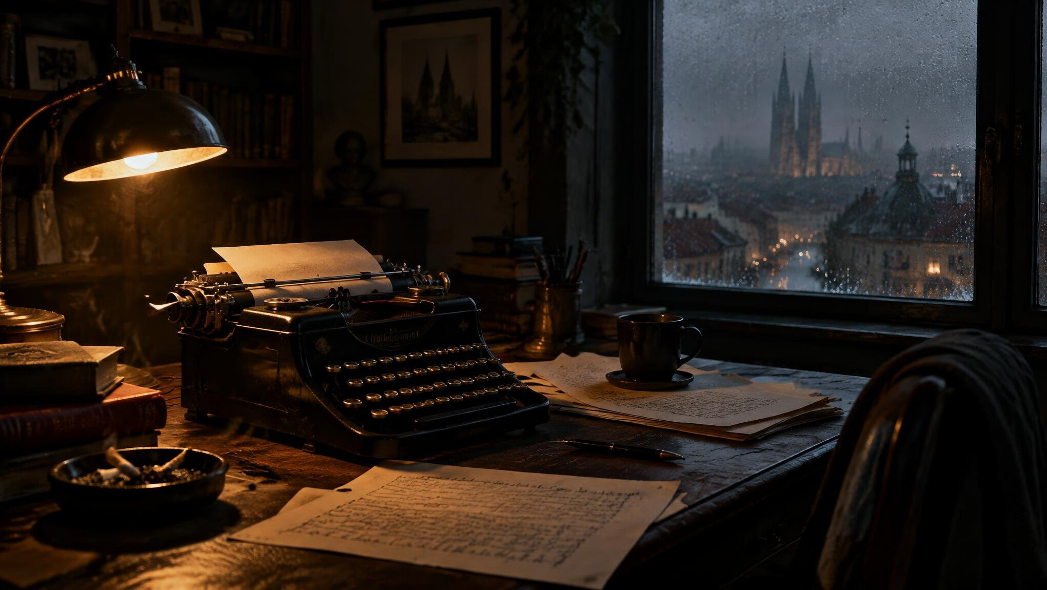 Old typewriter on a wooden desk beside a dim lamp in a foggy study